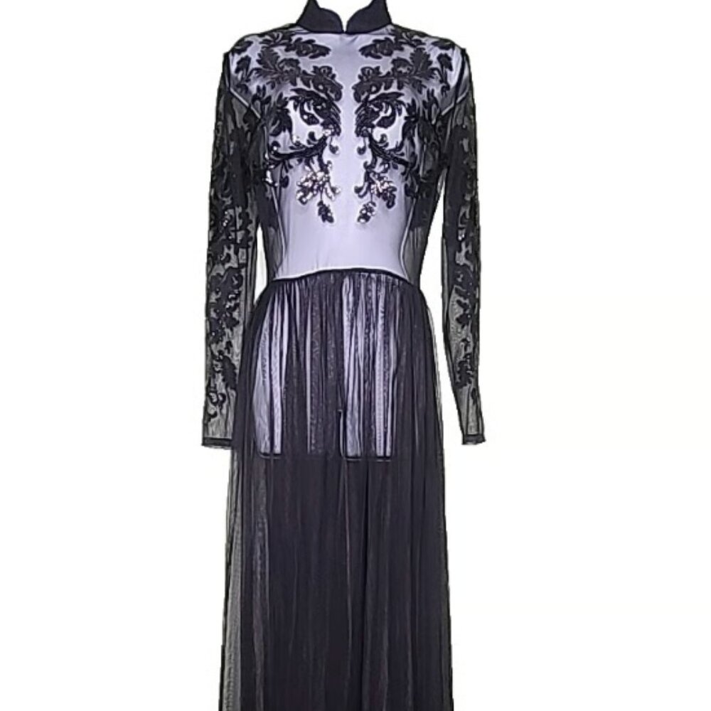 House of CB Sheer Tulle Maxi Sequin Dress M Black Floral Long Sleeve Goth Formal
